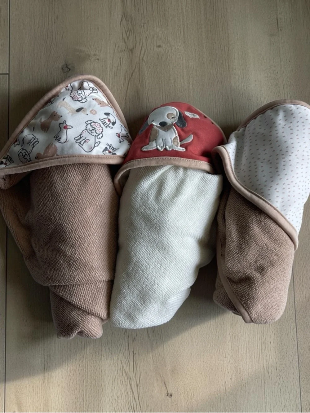 3 Baby Hooded Towels Dog Puppy Print Neutral Beige Cream Bath Towel Lot